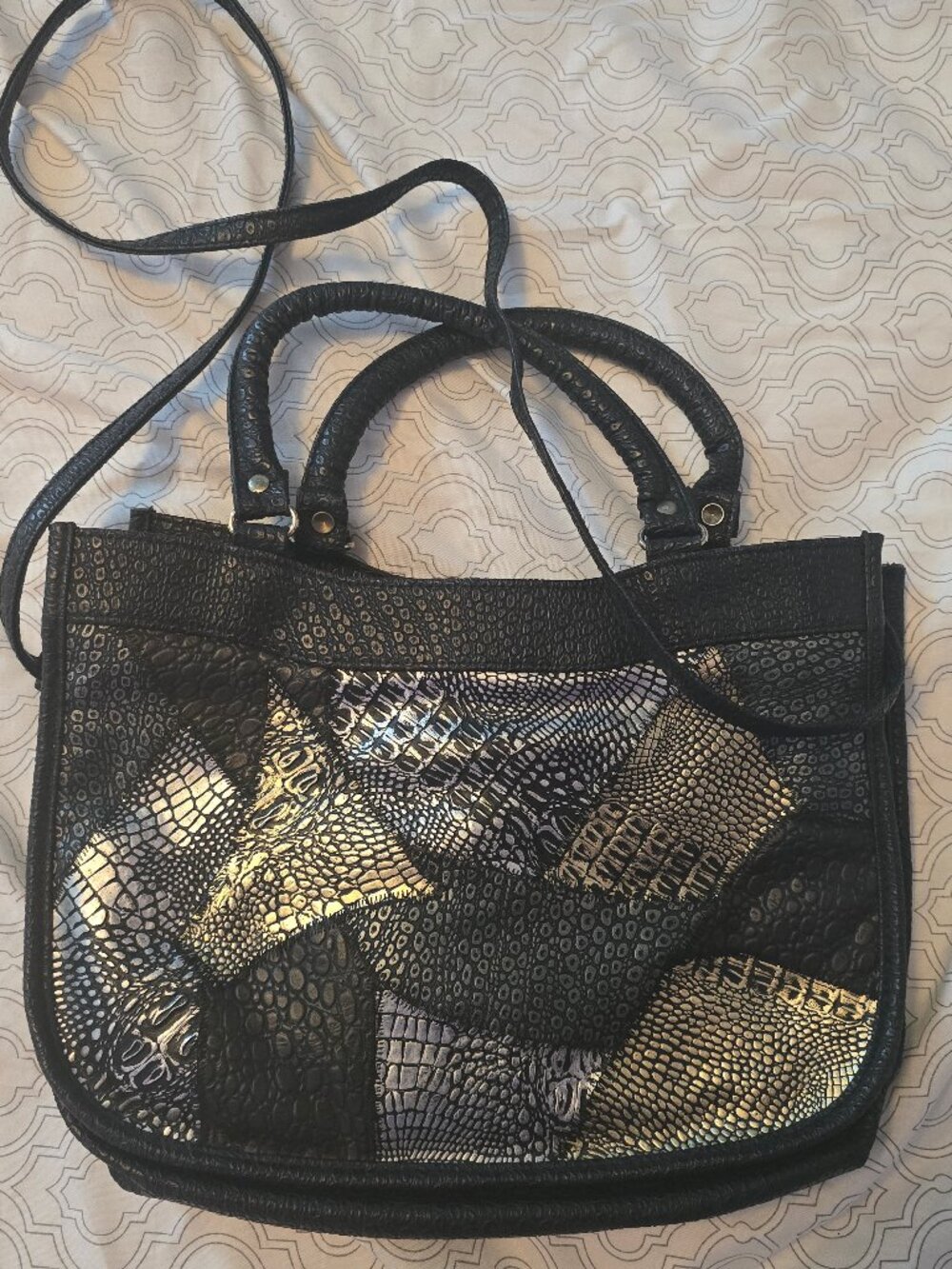 Black, Gold, Silver Leather-look Handbag With Crossbody Strap